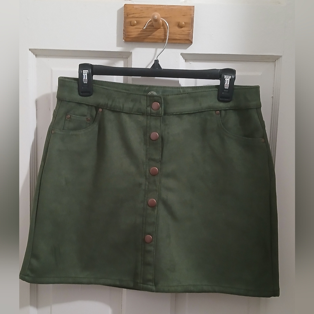 Wonder Nation- Olive Green Button-Front Faux Suede A-line Mini Skirt, NWOT